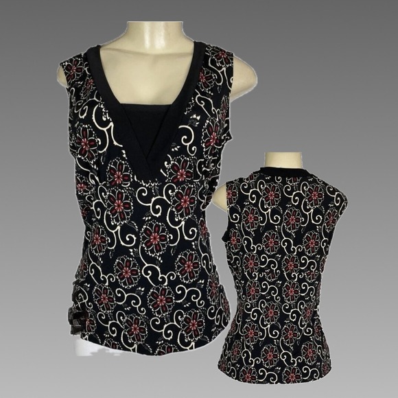 Perception Concept Tops - Perception Concept M Black Red  Floral Medallion Print Sleeveless V-Neckline Top